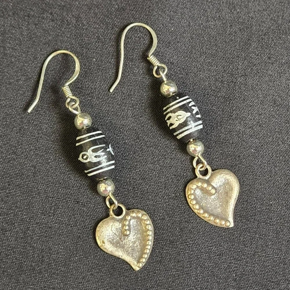 Boho Earrings Black & Silver Beaded Dzi Style with Gold Heart Dangle Accents - Picture 2 of 6